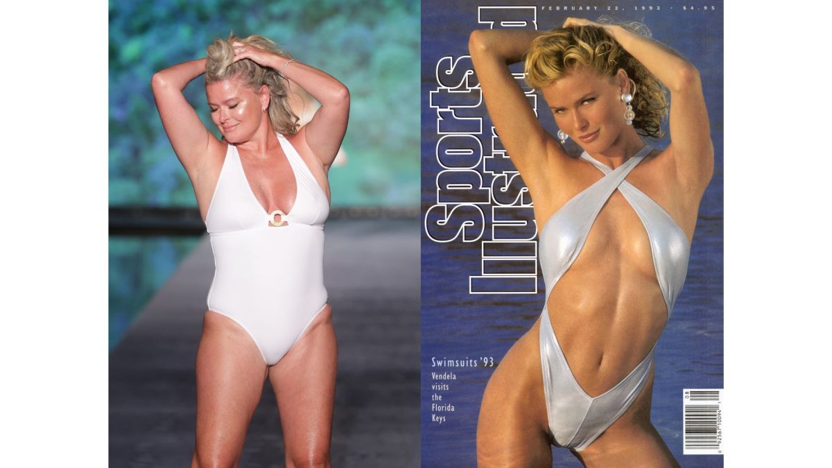 Vendela Kirsebom on the Miami Swim Week runway in 2023 and on the cover of the 1993 SI Swimsuit Issue.