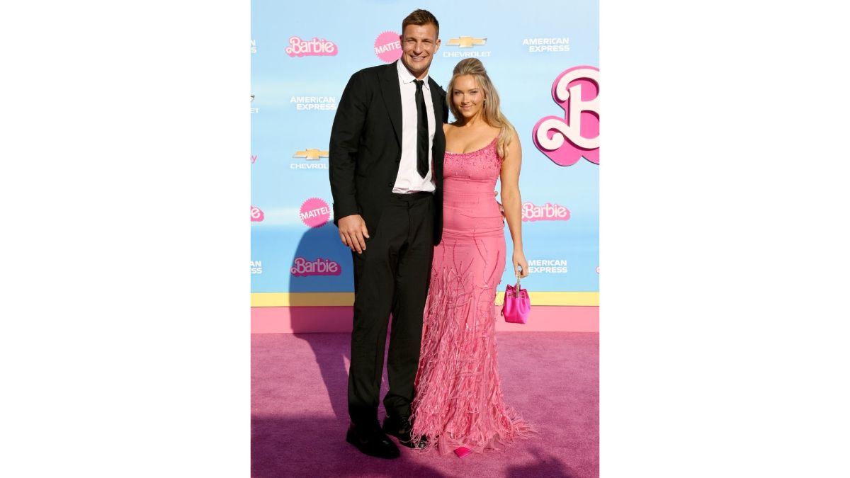 Rob Gronkowski and Camille Kostek on the pink carpet.