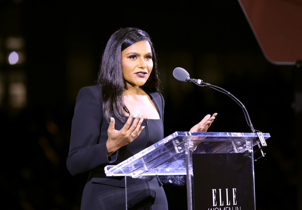 Mindy Kaling speaks onstage during ELLE's 29th Annual Women in Hollywood celebration.
