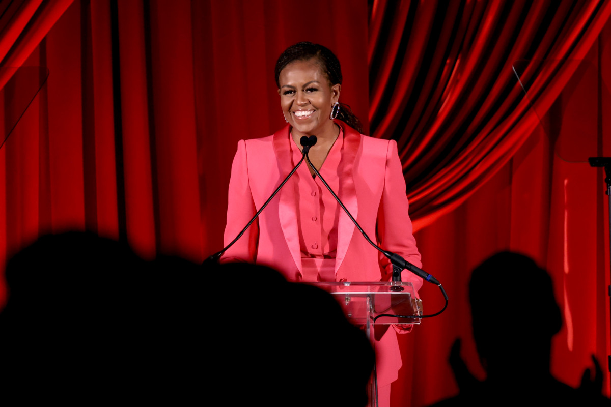 Michelle Obama speaks onstage at the Clooney Foundation for Justice Inaugural Albie Awards.