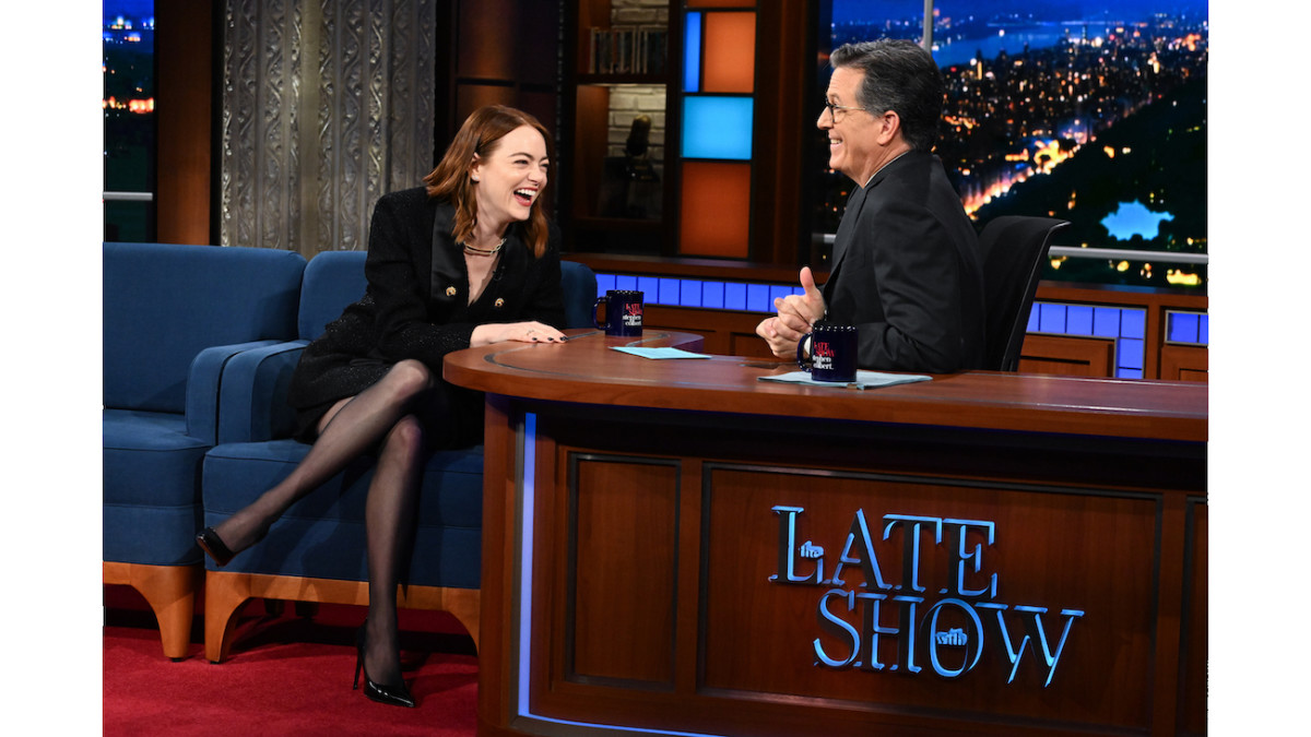 Emma Stone and Stephen Colbert