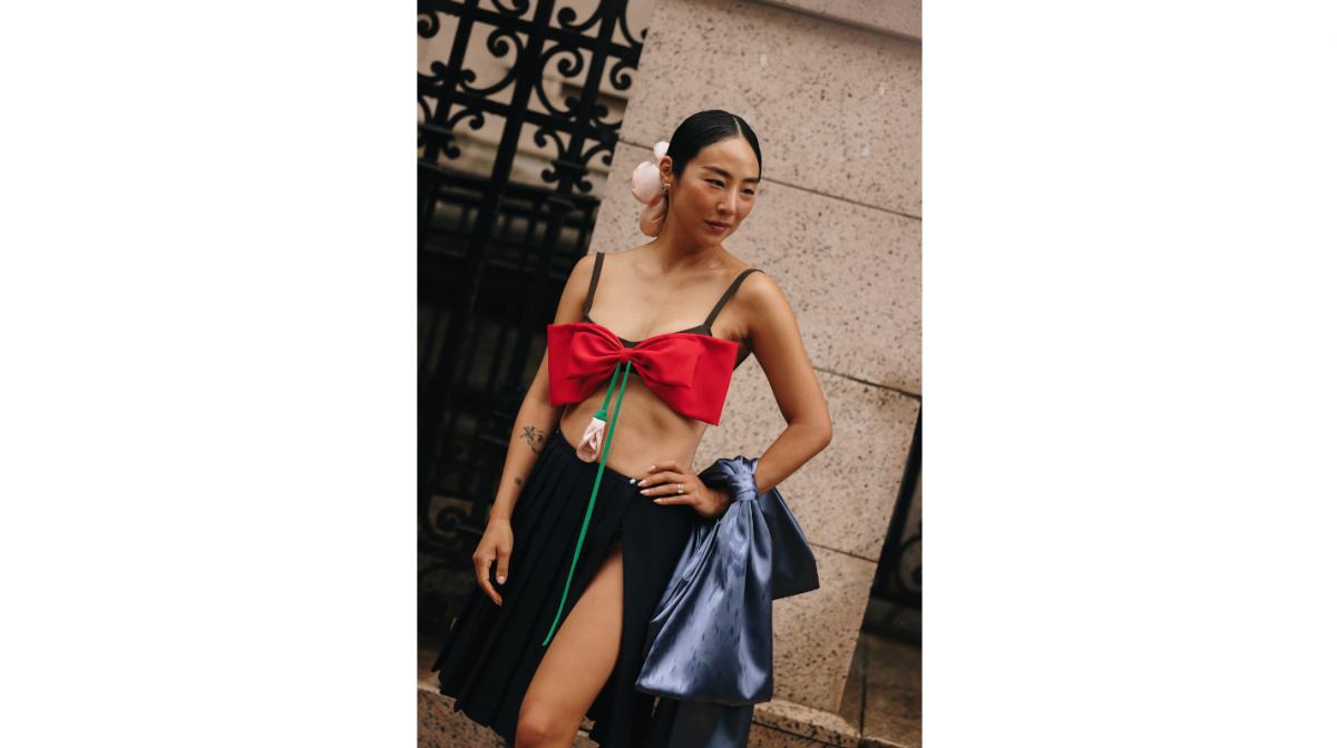 Greta Lee spotted outside during New York Fashion Week.