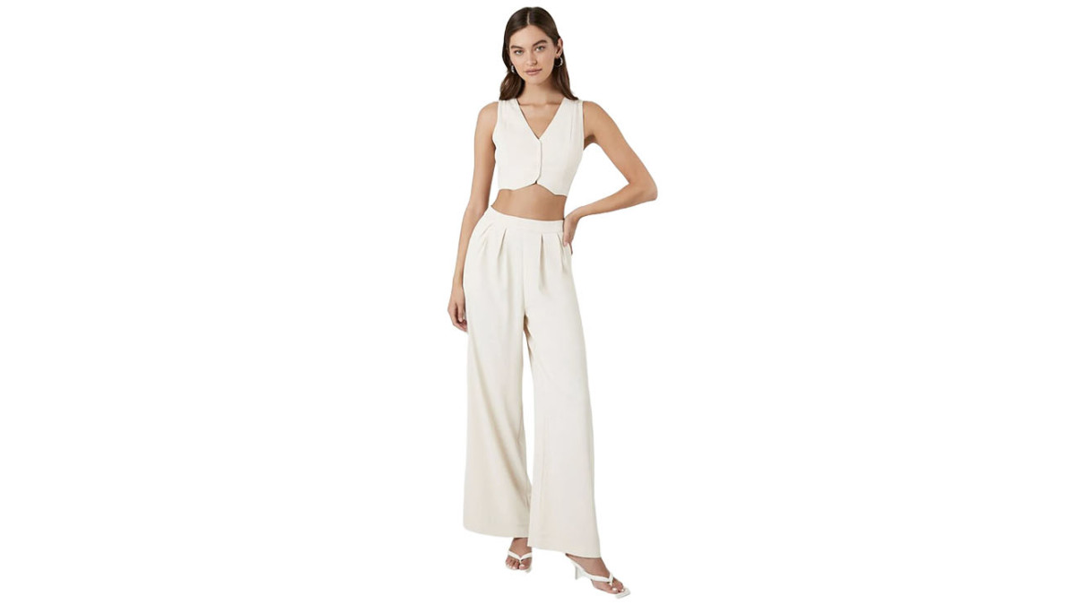 ASOS LUXE tailored vest with bow back and wide leg pants set in cream