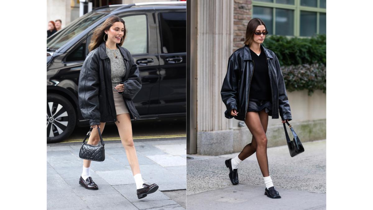 See Hailey Bieber Pair a Leather Coat with a Tiny Skirt and Tights