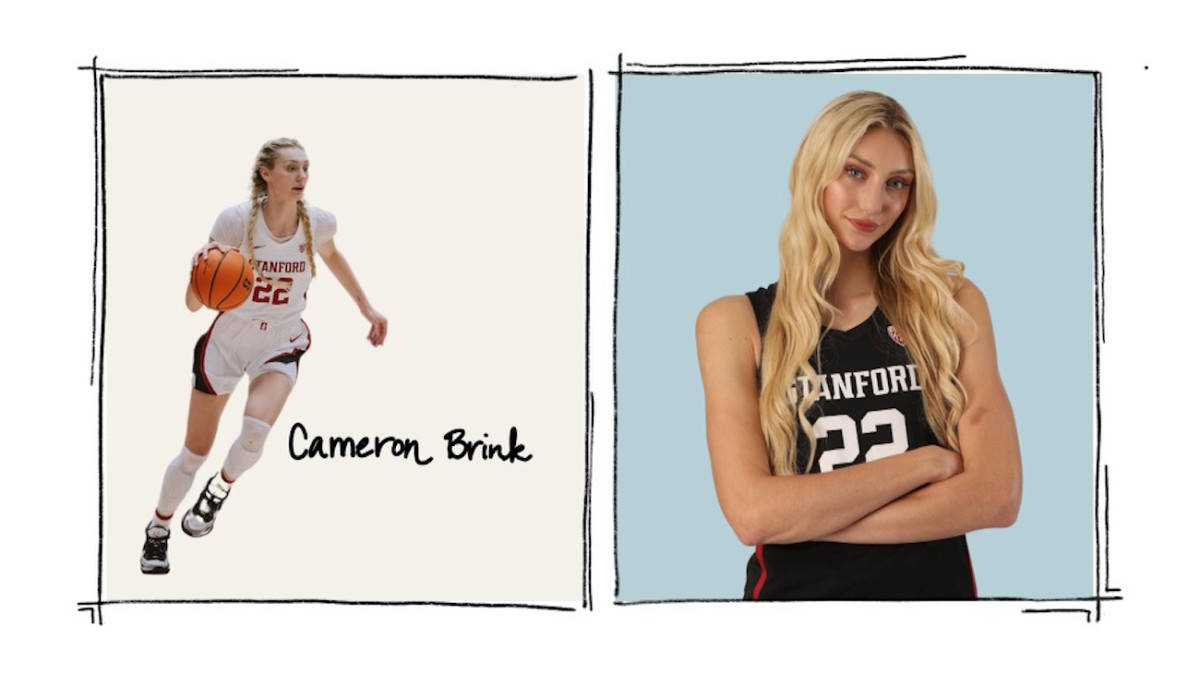 On the left, Cameron Brink dribbles a basketball during a Stanford game. On the right, Cameron Brink poses in her black Stanford jersey with her arms crossed.