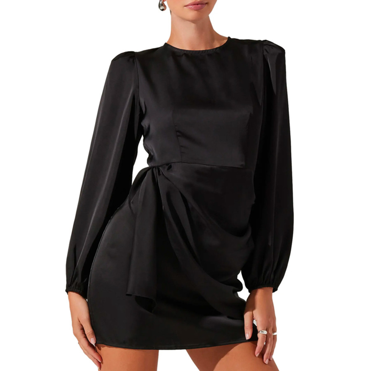 One of Alix Earle's 'When-in-Doubt' Date-Night Outfits, the Best Special Occasion Little Black Dress, the ASTR the Label Long Sleeve Draped Satin Minidress available at Nordstrom