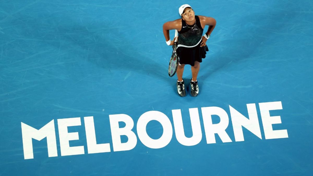 Naomi Osaka looks up from the court at the Australian Open.